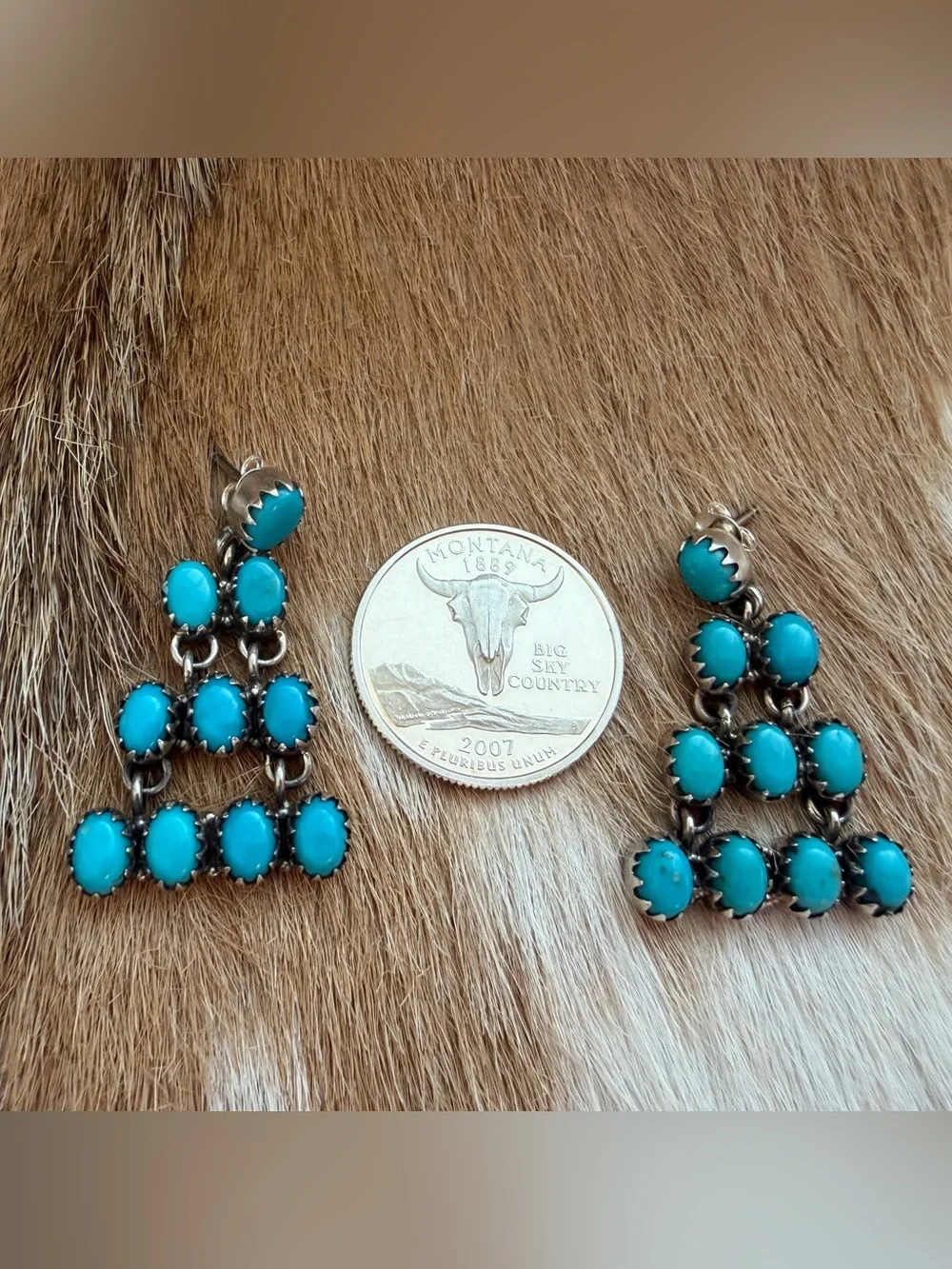 ❤️ Kingman Turquoise Navajo Style Sterling 925 Dangle Chandelier Earrings 12.2G - Picture 7 of 12